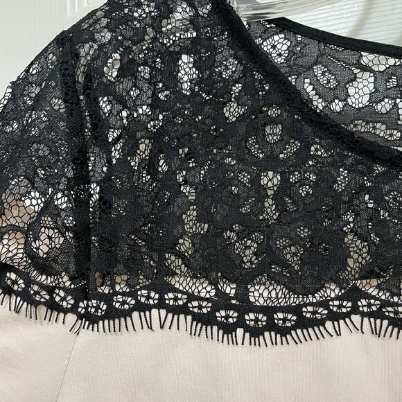 H&M Light Pink T Shirt Black Lace Yoke Keyhole Neck Stretch Women's Large - Picture 6 of 8